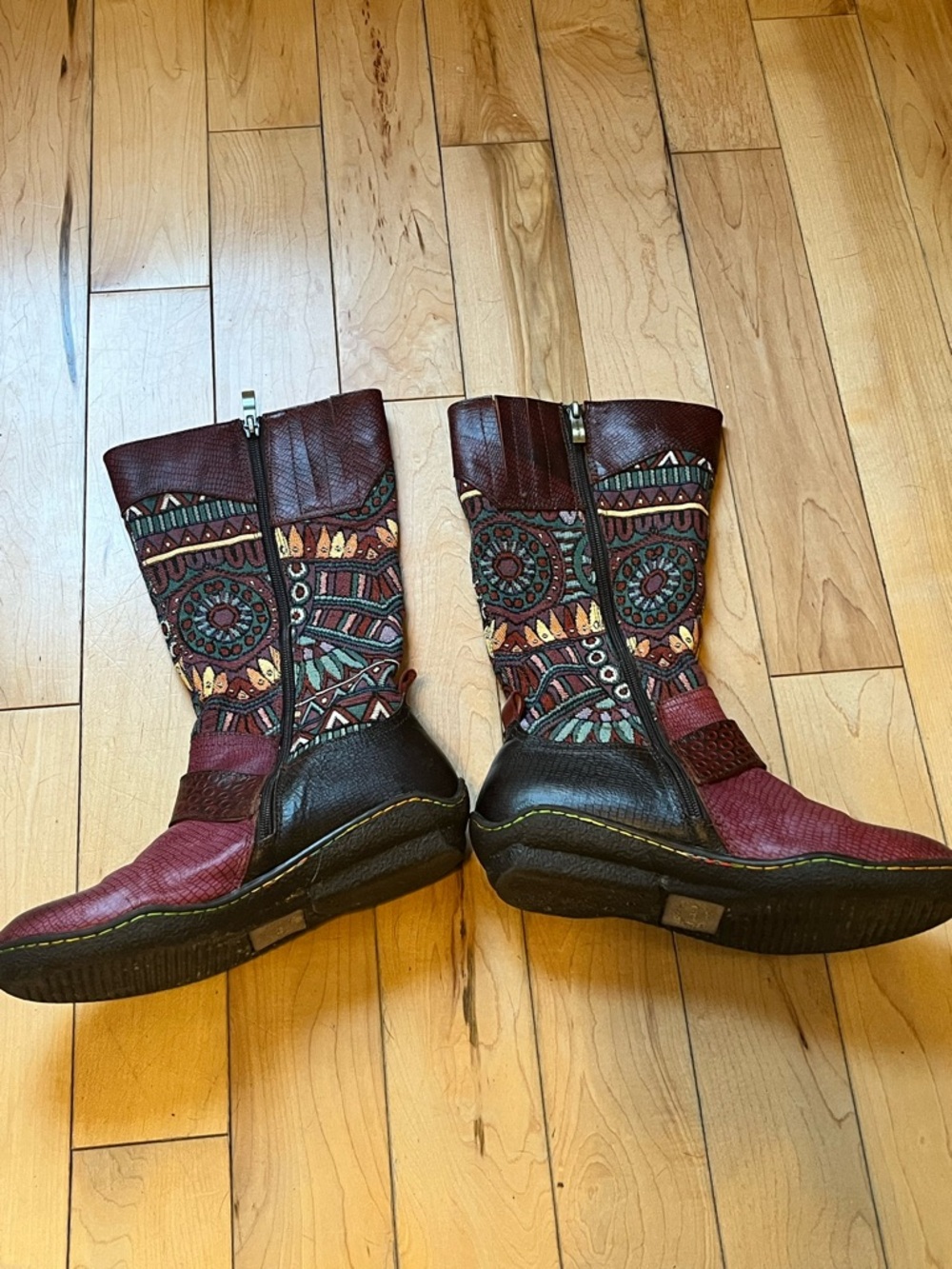 Socofy Tapestry and Leather Tall boots zip up side decorative silver buckle 39 - Picture 3 of 11